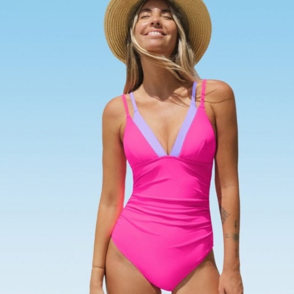 Cupshe Color Block One Piece Swim, V-Neck, Strappy Back, Double Adjustable Strap